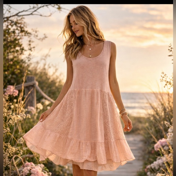 Vasana Dresses & Skirts - VASNA,Blush Boho Sundress Crochet Lace Panel Lightweight Layered Dress,Size Med